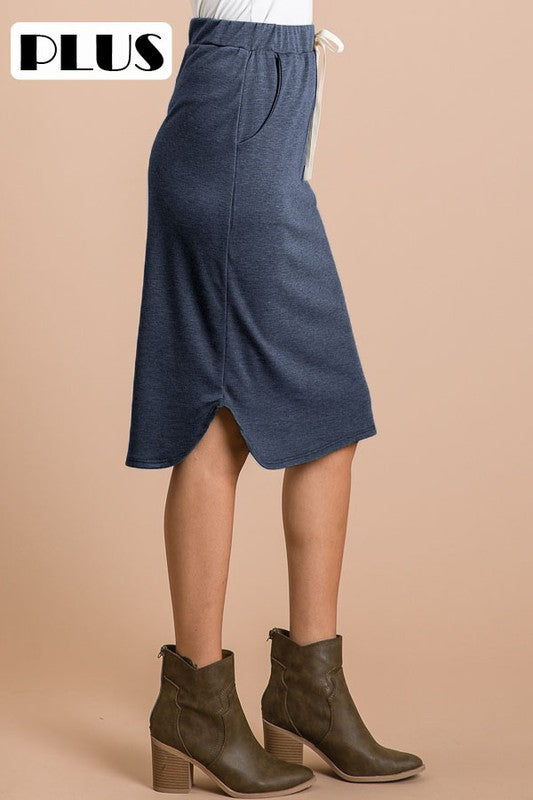 Elastic Waist Solid Midi Skirt - Plus Size    Skirt 7th Ray- Tilden Co.