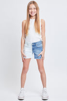 Girls Mid Rise Color Block Shorts With Fray Hem    Shorts YMI Jeanswear- Tilden Co.