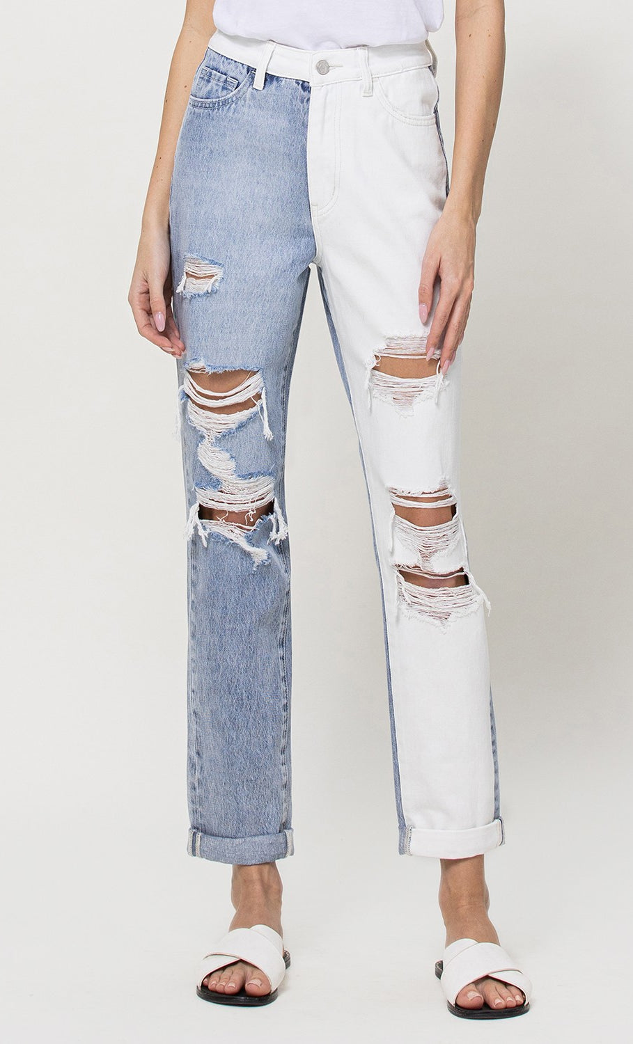 Mom Jeans with Rolled Cuff Split Two Tone Jean- Final Sale    Pants Vervet- Tilden Co.