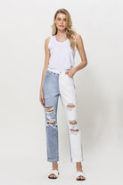 Mom Jeans with Rolled Cuff Split Two Tone Jean- Final Sale    Jeans Vervet- Tilden Co.