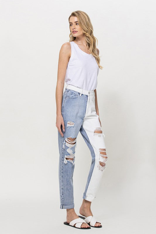 Mom Jeans with Rolled Cuff Split Two Tone Jean    Pants Vervet- Tilden Co.