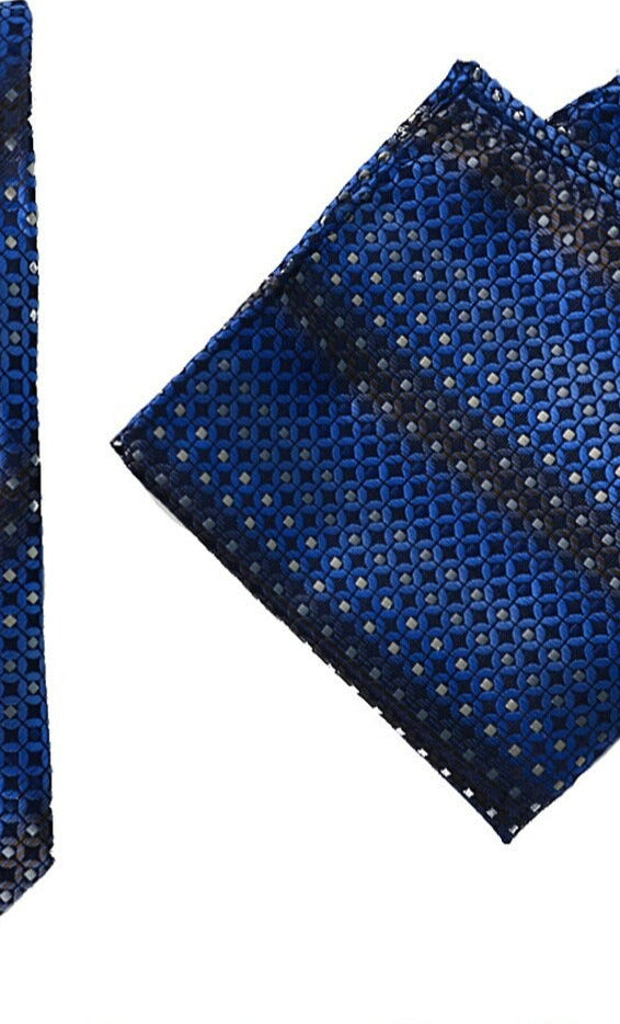 Blue Geometric Necktie + Hanky Set    tie selini- Tilden Co.