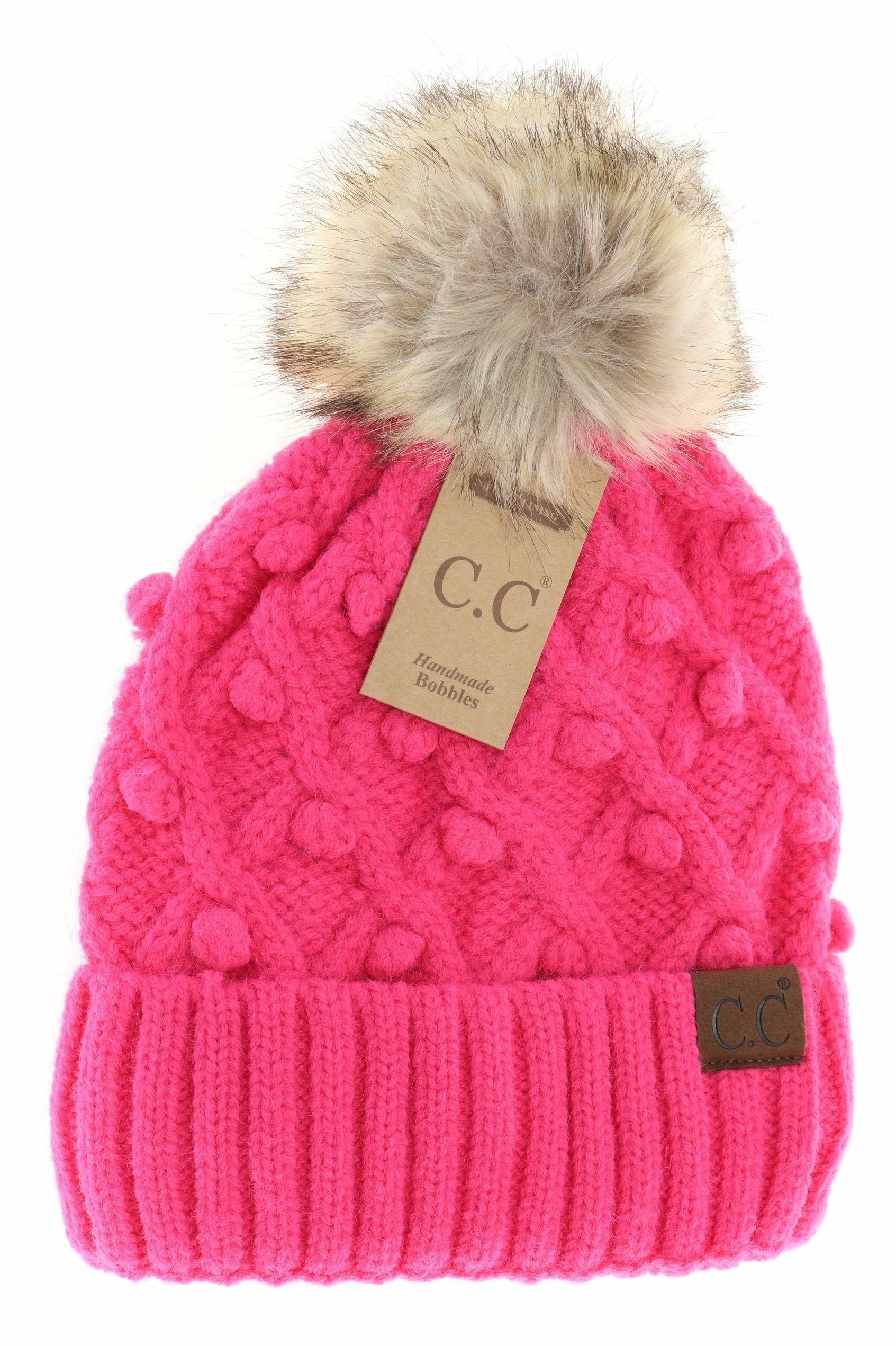 Bobble Knit Fur Pom Beanie Candy Pink Candy Pink  beanie CC Brand Beanies- Tilden Co.