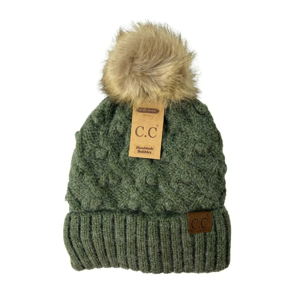 Bobble Knit Fur Pom Beanie Moss Mix Moss Mix  beanie CC Brand Beanies- Tilden Co.