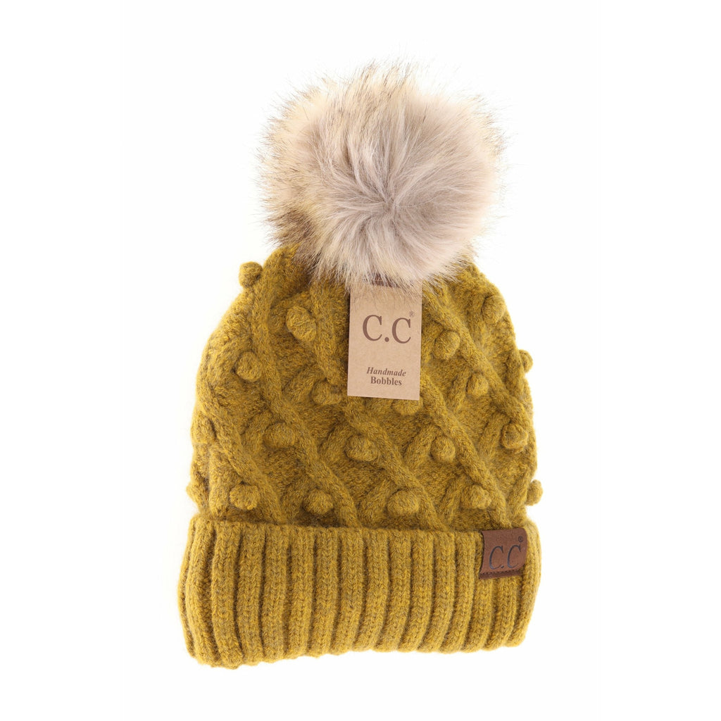 Bobble Knit Fur Pom Beanie Mustard Mix Mustard Mix  beanie CC Brand Beanies- Tilden Co.
