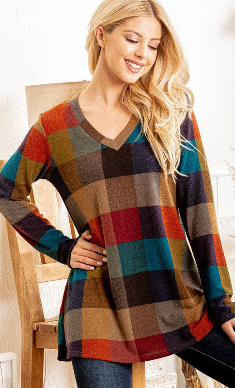Buffalo Plaid Long Sleeve Top in Fall Colors (Size Small) - Final Sale    Shirts & Tops Hemish USA- Tilden Co.