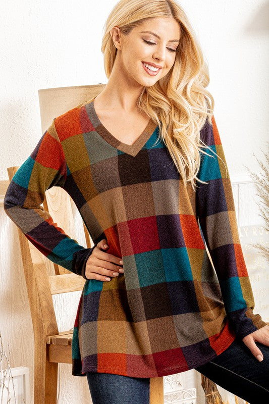 Buffalo Plaid Long Sleeve Top in Fall Colors    Shirts & Tops Hemish USA- Tilden Co.