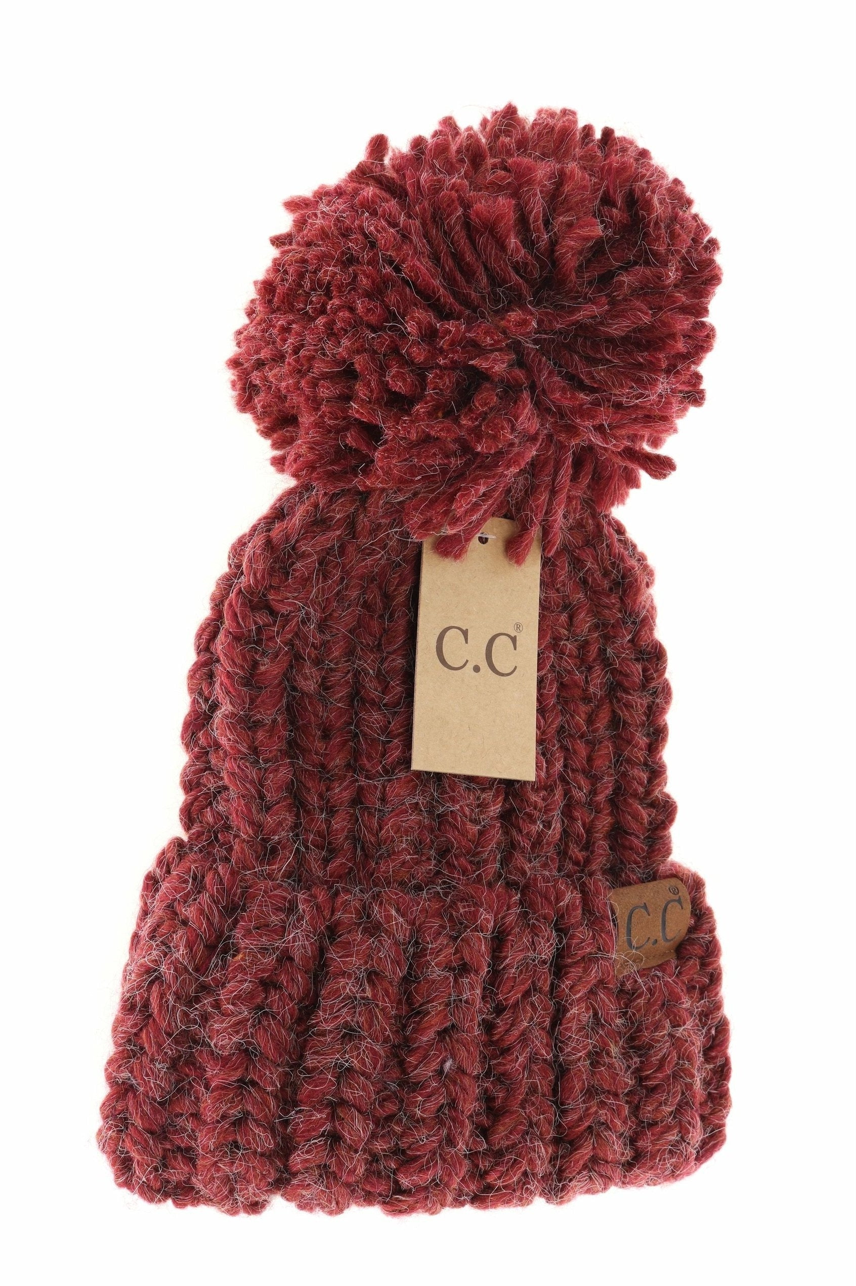 Chunky Knit Yarn Pom C.C Beanie Cranberry Cranberry   CC Brand Beanies- Tilden Co.