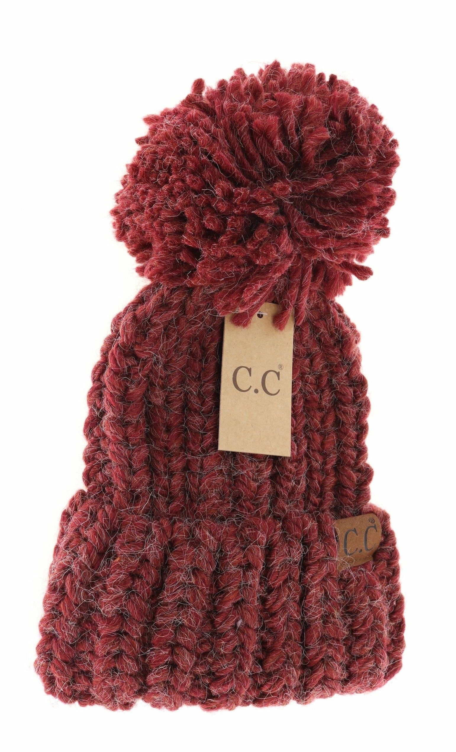 Chunky Knit Yarn Pom C.C Beanie Cranberry Cranberry   CC Brand Beanies- Tilden Co.