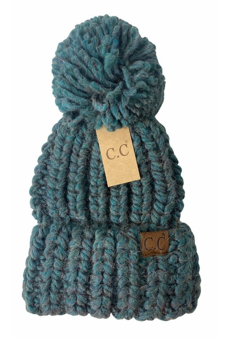 Chunky Knit Yarn Pom C.C Beanie Sea Green Sea Green   CC Brand Beanies- Tilden Co.