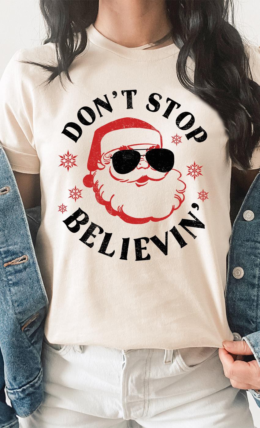 Don't Stop Believin' Santa Graphic Tee- Final Sale    T-Shirt Kissed Apparel- Tilden Co.