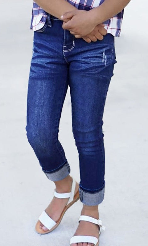 Girls Stretch Reg Fit  Jeans w/ Pocket Distressed & Wide Cuff 7 / Dark Denim 7 Dark Denim Jeans Cutie Patootie Clothing- Tilden Co.