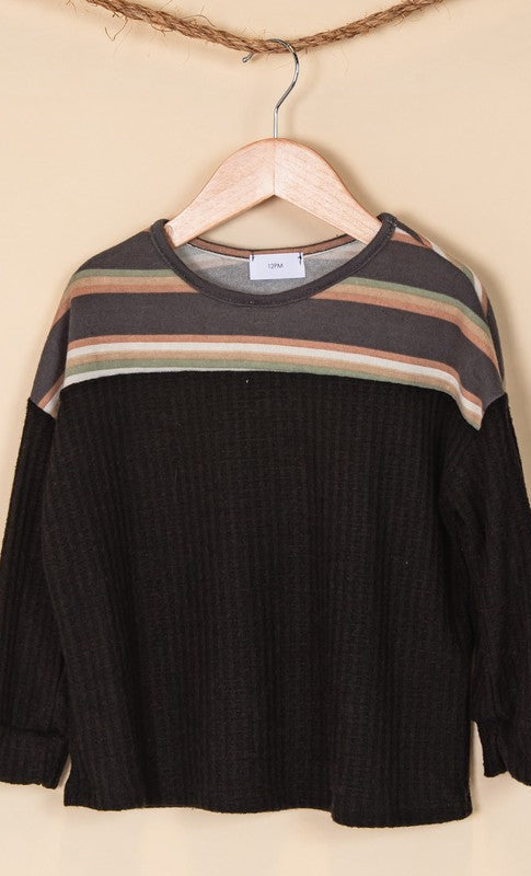 Girls Stripe Chest Waffle Knit Top in Black- Final Sale    Shirts & Tops 12 PM by Mon Ami- Tilden Co.