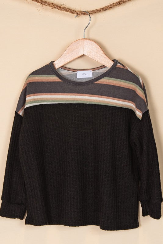 Girls Stripe Chest Waffle Knit Top in Black    Shirts & Tops 12 PM by Mon Ami- Tilden Co.
