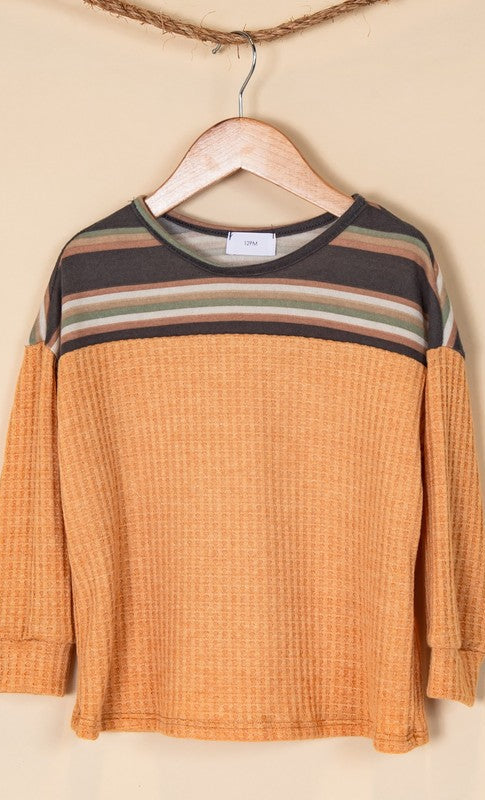 Girls Stripe Chest Waffle Knit Top in Mustard- Final Sale    Shirts & Tops 12 PM by Mon Ami- Tilden Co.