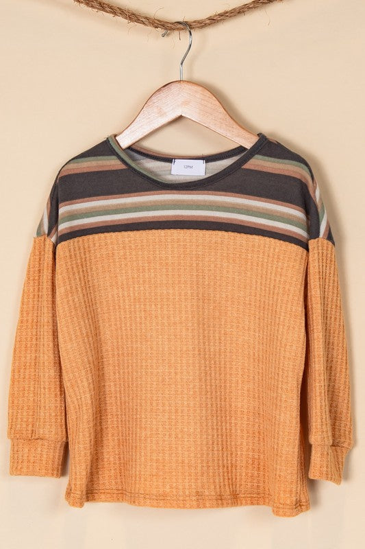 Girls Stripe Chest Waffle Knit Top in Mustard- Final Sale    Shirts & Tops 12 PM by Mon Ami- Tilden Co.