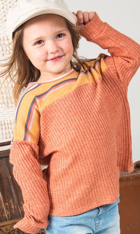 Girls Stripe Chest Waffle Knit Top in Rust- Final Sale    Shirts & Tops 12 PM by Mon Ami- Tilden Co.