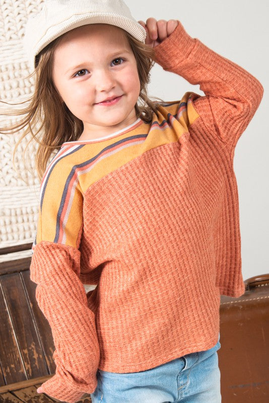 Girls Stripe Chest Waffle Knit Top in Rust    Shirts & Tops 12 PM by Mon Ami- Tilden Co.