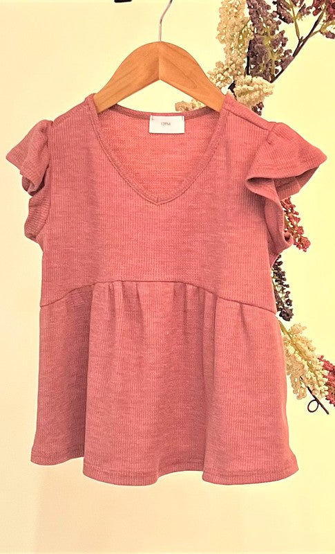 Girls V-Neck Babydoll Ruffled Sleeve Top - Berry    Shirts & Tops 12 PM by Mon Ami- Tilden Co.