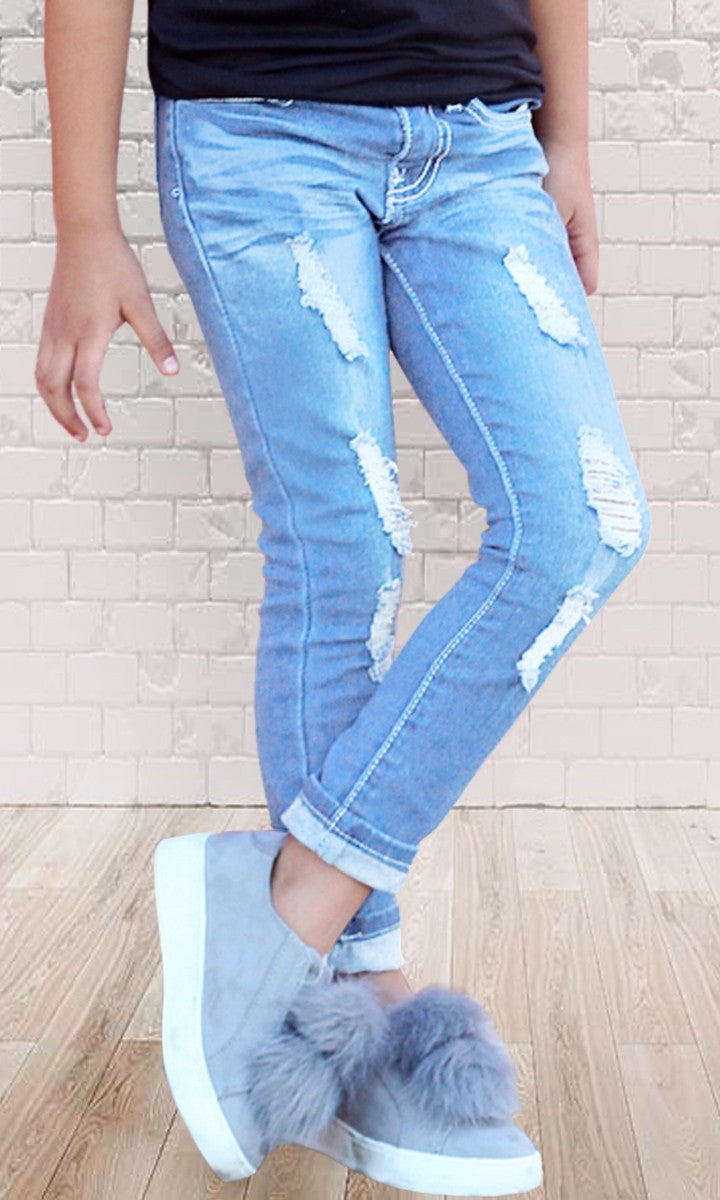 Girls Wash Jeans Distressed w/ Wide Cuff  & Adjustable waist band    Jeans Cutie Patootie Clothing- Tilden Co.