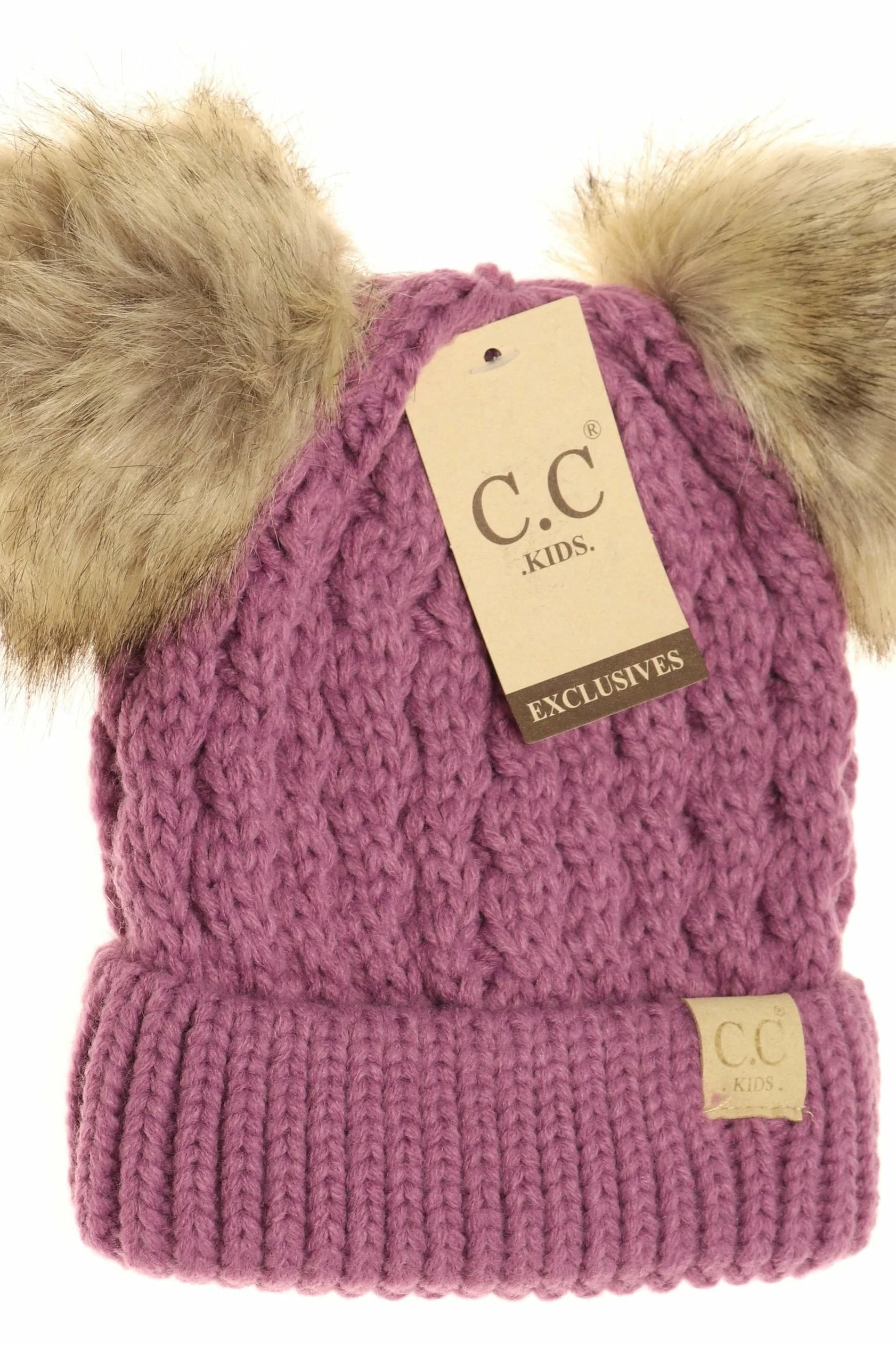 KIDS Cable Knit Double Fur Pom Beanie New Lavender New Lavender  beanie CC Brand Beanies- Tilden Co.