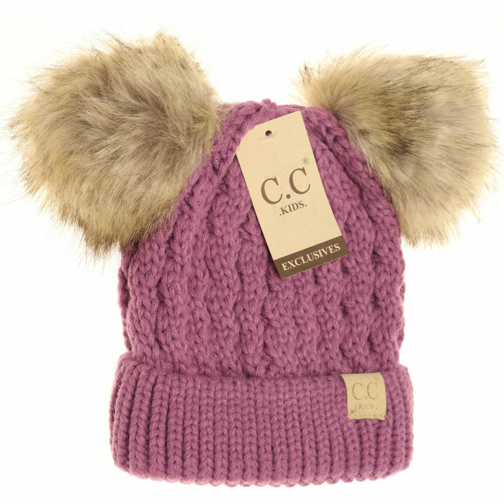 KIDS Cable Knit Double Fur Pom Beanie New Lavender New Lavender  beanie CC Brand Beanies- Tilden Co.