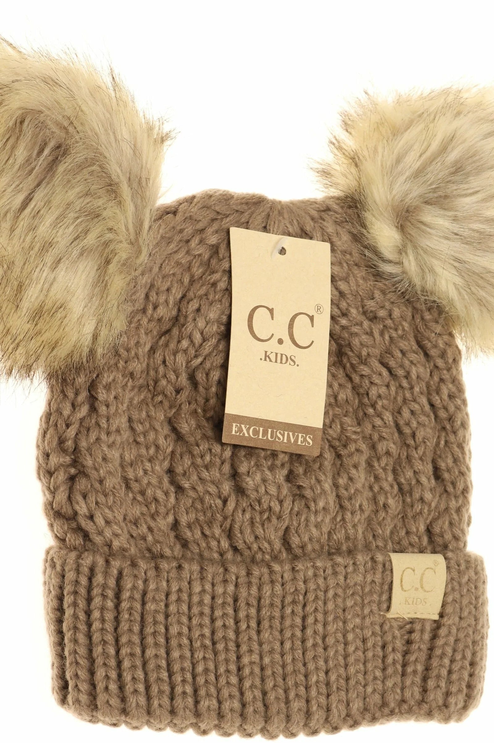 KIDS Cable Knit Double Fur Pom Beanie Taupe Taupe  beanie CC Brand Beanies- Tilden Co.