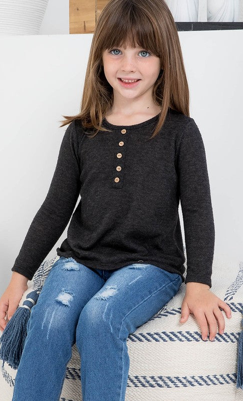 Kids Button Detail Round Hem Top in Charcoal- Final Sale    Shirts & Tops Perfect Peach- Tilden Co.