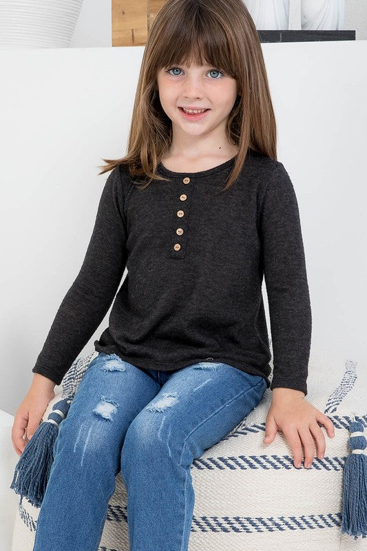 Kids Button Detail Round Hem Top in Charcoal    Shirts & Tops Perfect Peach- Tilden Co.