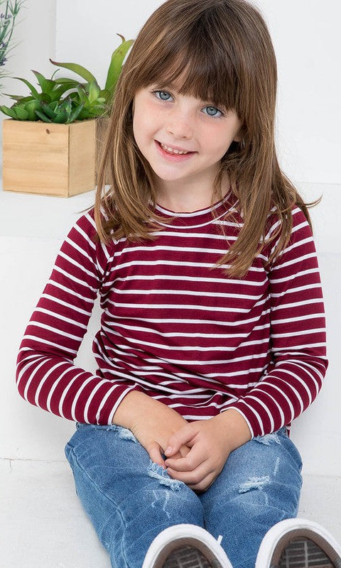 Kids Crew Neckline Long Sleeve Stripe Top - Burgundy- Final Sale    Shirts & Tops Perfect Peach- Tilden Co.