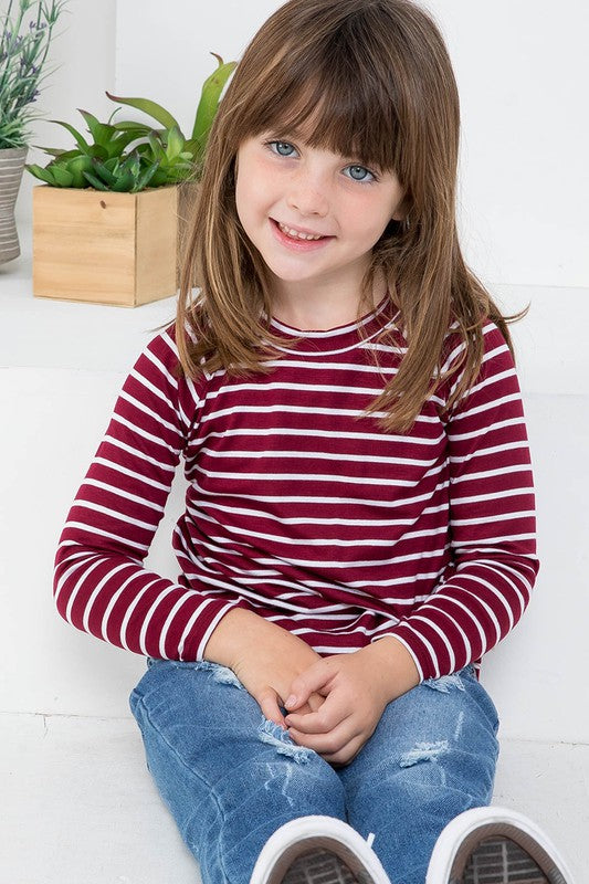 Kids Crew Neckline Long Sleeve Stripe Top - Burgundy- Final Sale    Shirts & Tops Perfect Peach- Tilden Co.