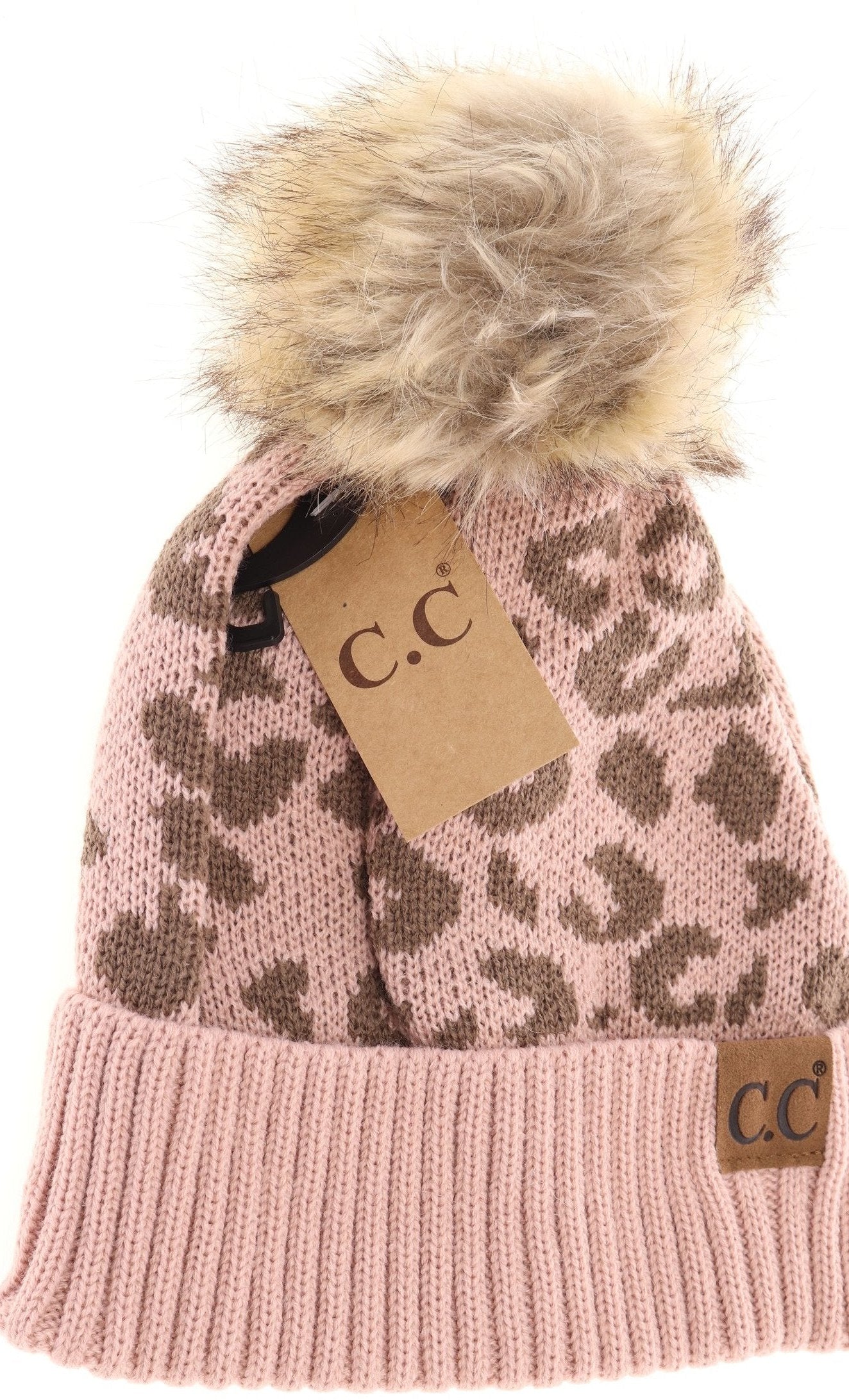 Leopard Pattern Fur Pom Beanie Rose Rose  beanie CC Brand Beanies- Tilden Co.