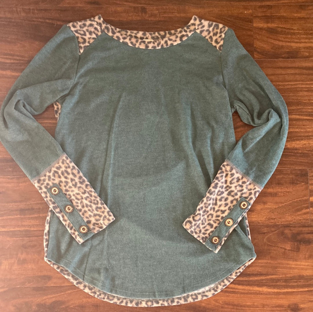 Leopard Print Long Sleeve Shirt in Teal    Shirts & Tops 7th Ray- Tilden Co.