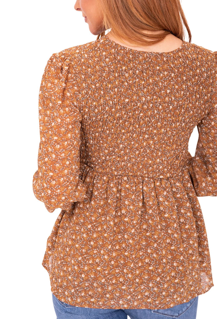 Long Sleeve Peplum in Amber Brown    Shirts & Tops Mikarose- Tilden Co.