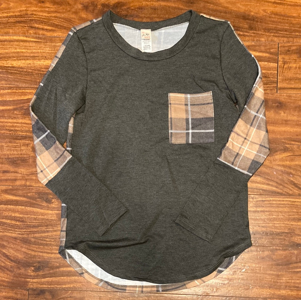 Long Sleeve Plaid Pocket Tee in Grey    Shirts & Tops 7th Ray- Tilden Co.
