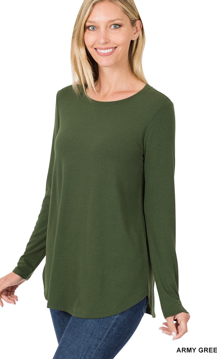 Long Sleeve Round Neck Hem Top in Army Green- Final Sale    Shirts & Tops Zenana- Tilden Co.