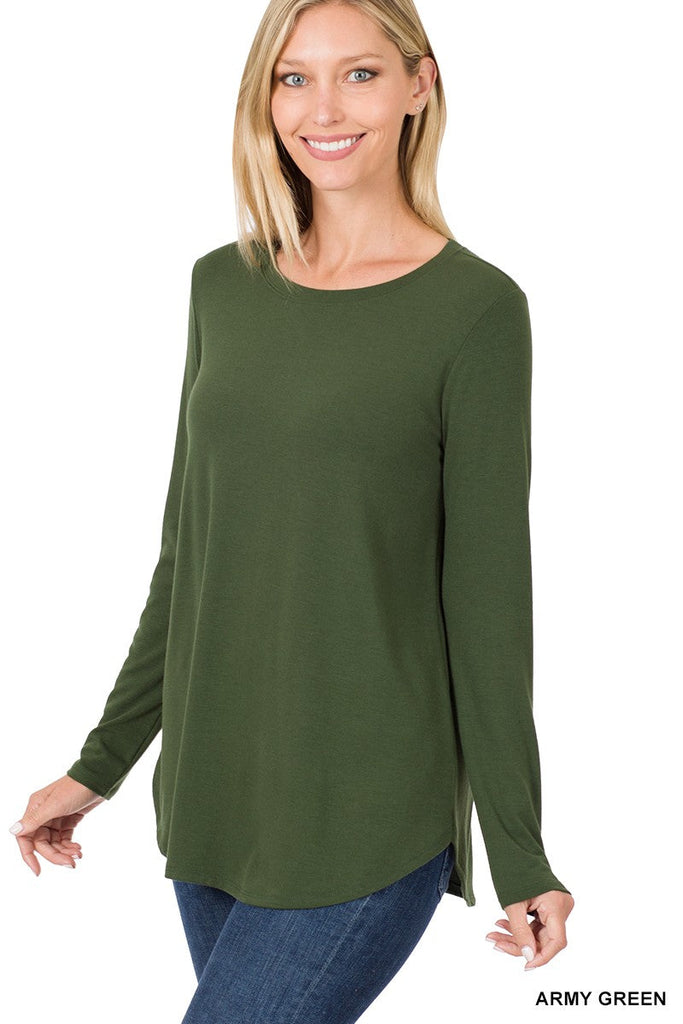 Long Sleeve Round Neck Hem Top in Army Green    Shirts & Tops Zenana- Tilden Co.