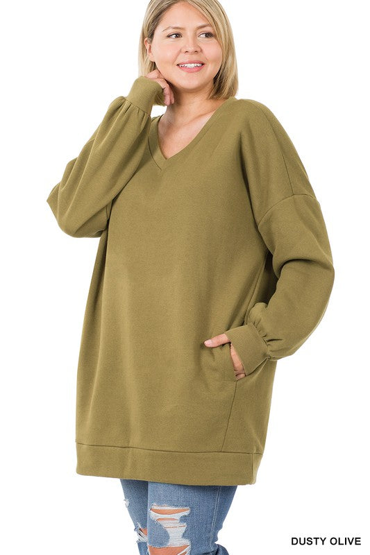 Oversized Longline Sweatshirt in Plus Size -Dusty Olive    Sweater Zenana- Tilden Co.