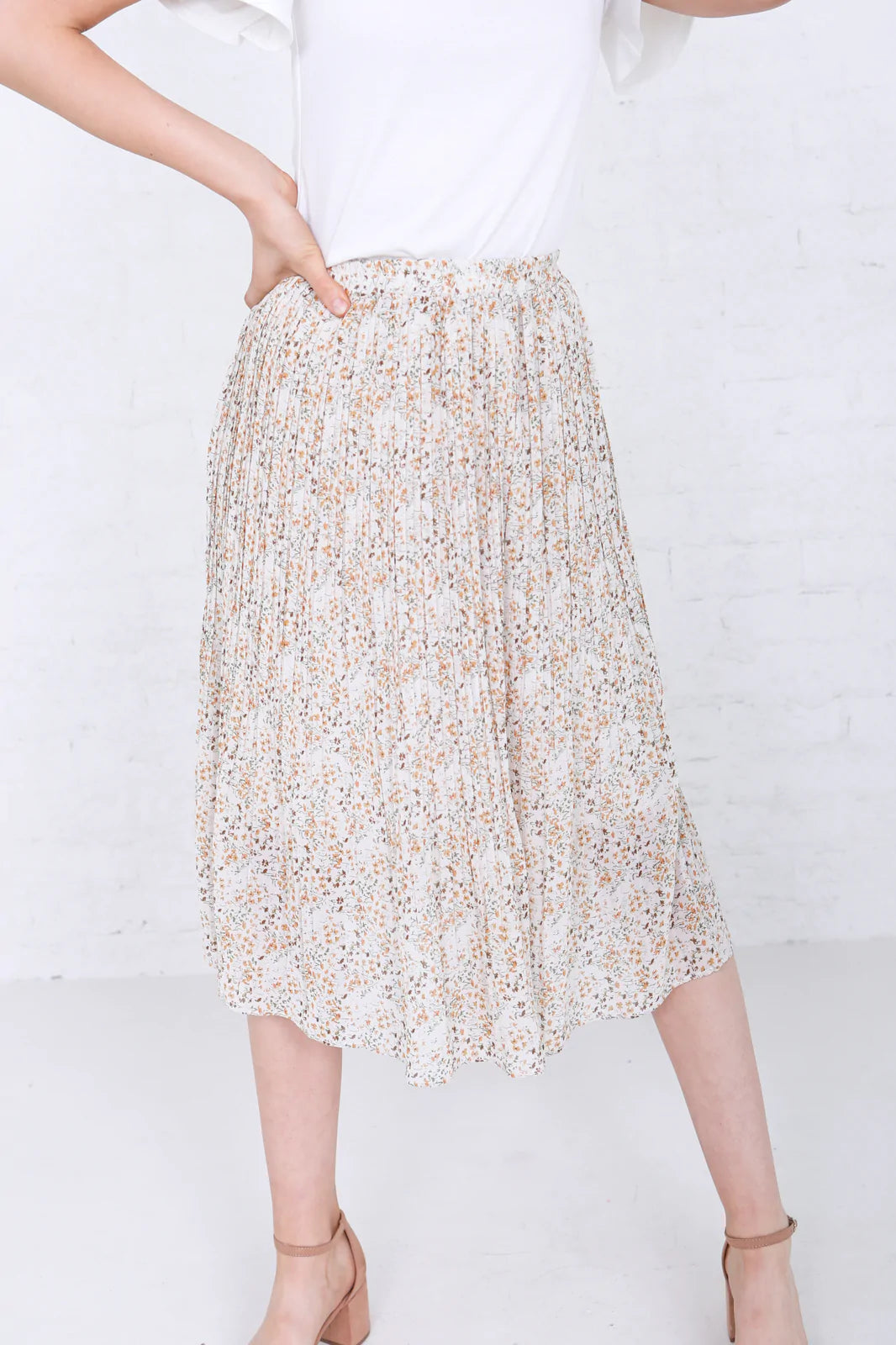Pleated Midi Skirt in Sand Ditsy Floral- Final Sale    mikarose dress Mikarose- Tilden Co.