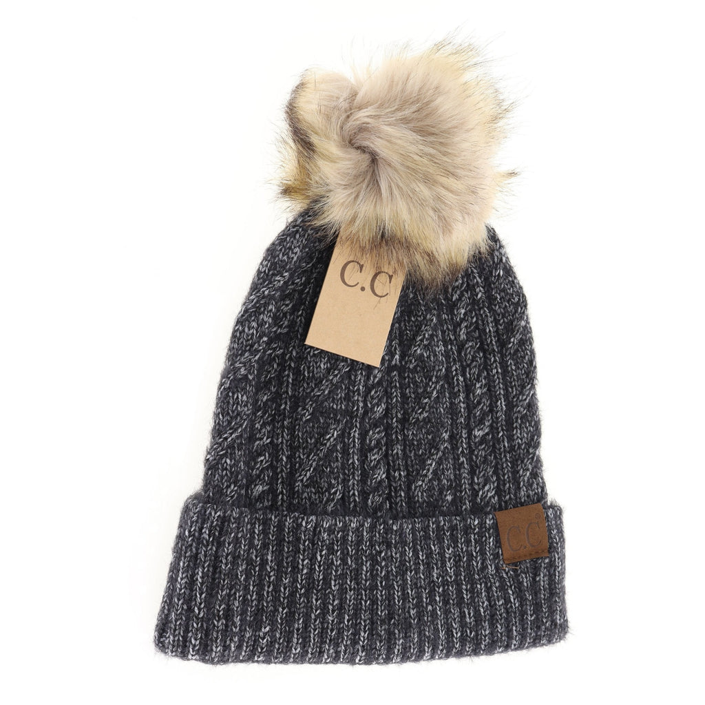 Soft Cuff Cable Knit Fur Pom C.C Beanie Black Black  beanie CC Brand Beanies- Tilden Co.