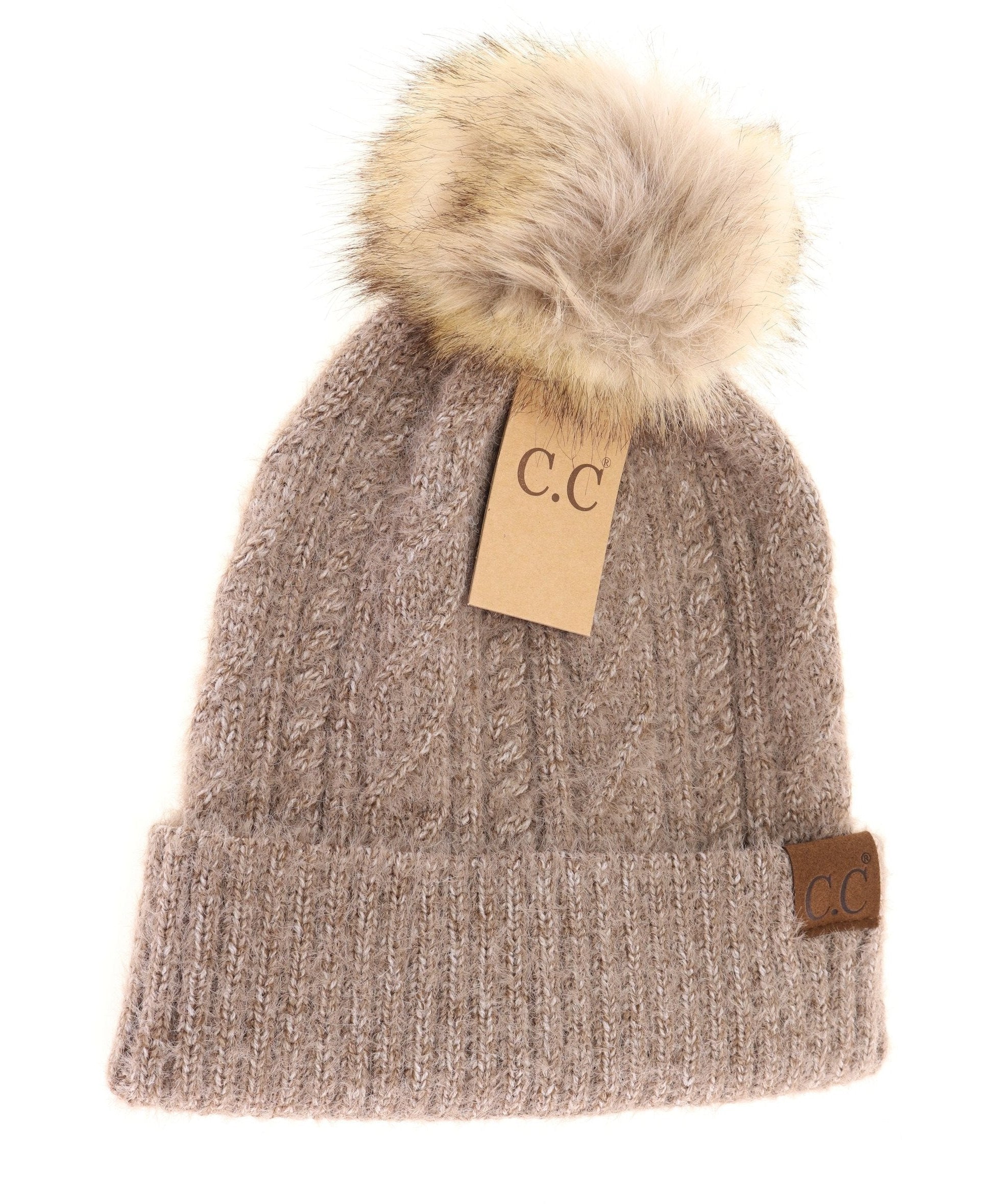 Soft Cuff Cable Knit Fur Pom C.C Beanie Taupe Taupe  beanie CC Brand Beanies- Tilden Co.