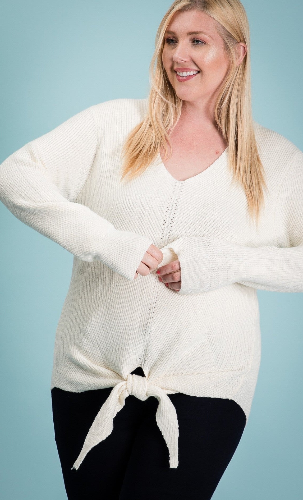 Tie Front Sweater Pullover - Plus Size- Final Sale    Long Sleeve Top Reborn J Plus- Tilden Co.