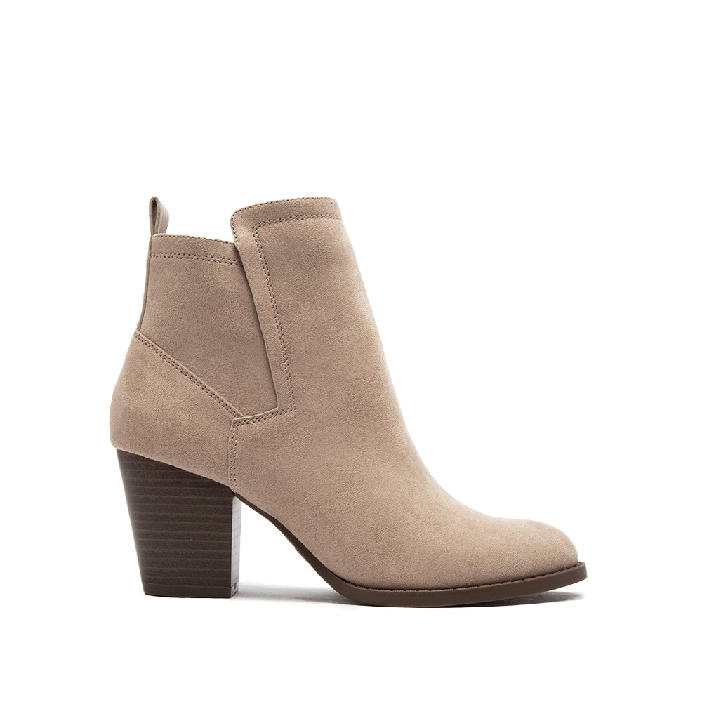 Tyson Taupe Suede Pull-On Boot with Side Zipper     Qupid Shoes- Tilden Co.