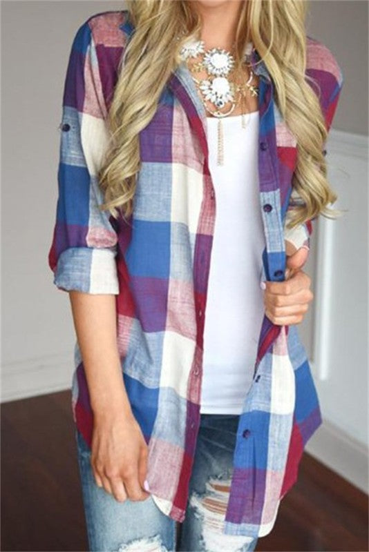 Women's Plaid Quilted Shirt - Blue    Shirts & Tops The Free Yoga- Tilden Co.