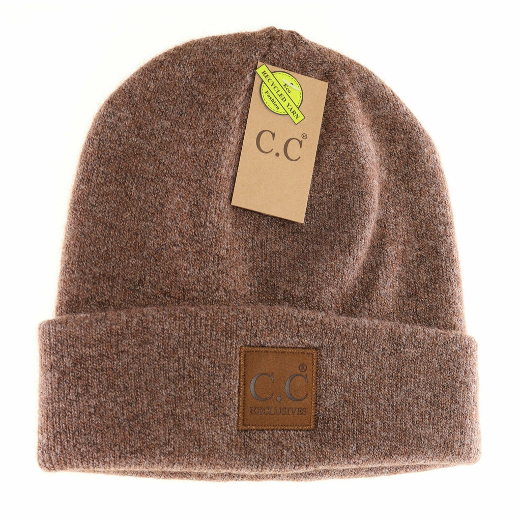 Unisex Soft Ribbed Leather Patch C.C. Beanie Heather Cacao Heather Cacao  beanie C.C Beanie- Tilden Co.