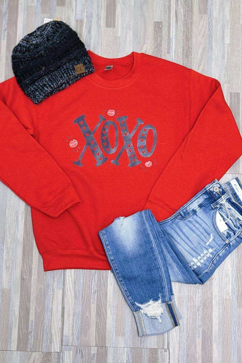 XOXO Red Graphic Crewneck Sweatshirt- Final Sale     Daydreamer Creations- Tilden Co.