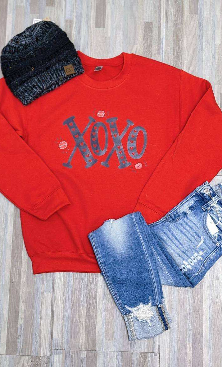 XOXO Red Graphic Crewneck Sweatshirt- Final Sale     Daydreamer Creations- Tilden Co.