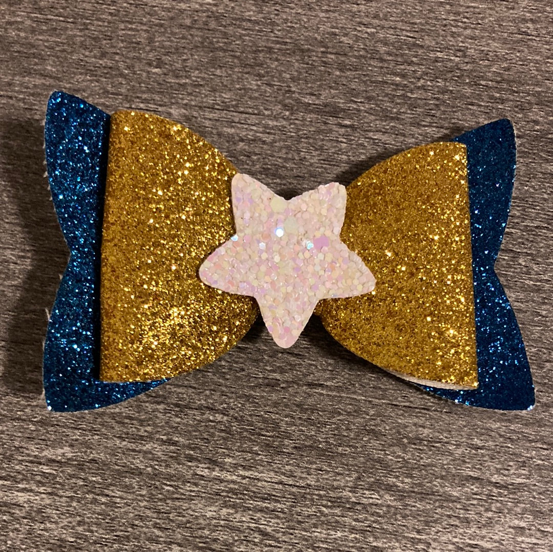 Blue and Gold Faux Leather Bow    earring Daydreamer Creations- Tilden Co.